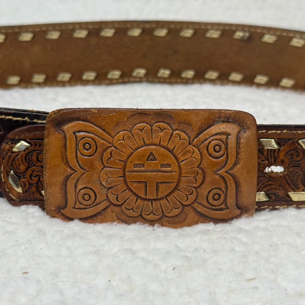 Vintage Hand Tooled Leather Belt Brown Southwestern Sunburst KING Ranch Wear M L - Picture 4 of 13